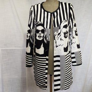 Black & White Striped Jacket With Women's Faces | Size Large | berek